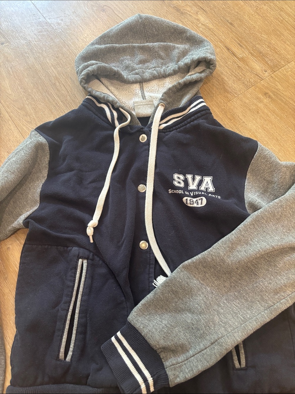 MV Sport Navy and Gray Hooded Varsity Jacket for Kids